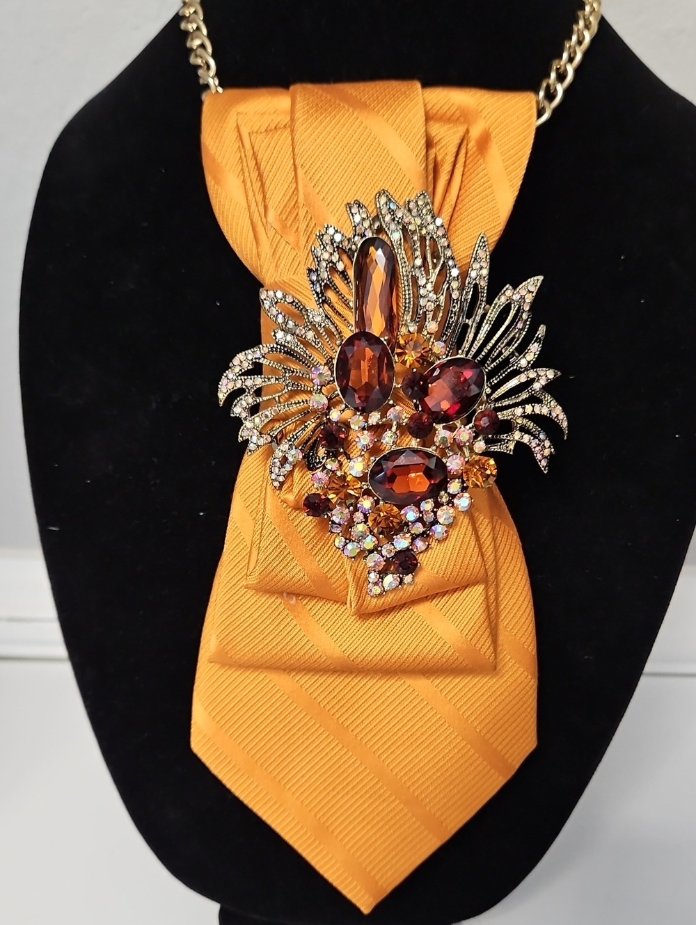 Upcycled Nautica Necktie Ne cklace with Elegant Gold-Tone Amber Crystal Brooch